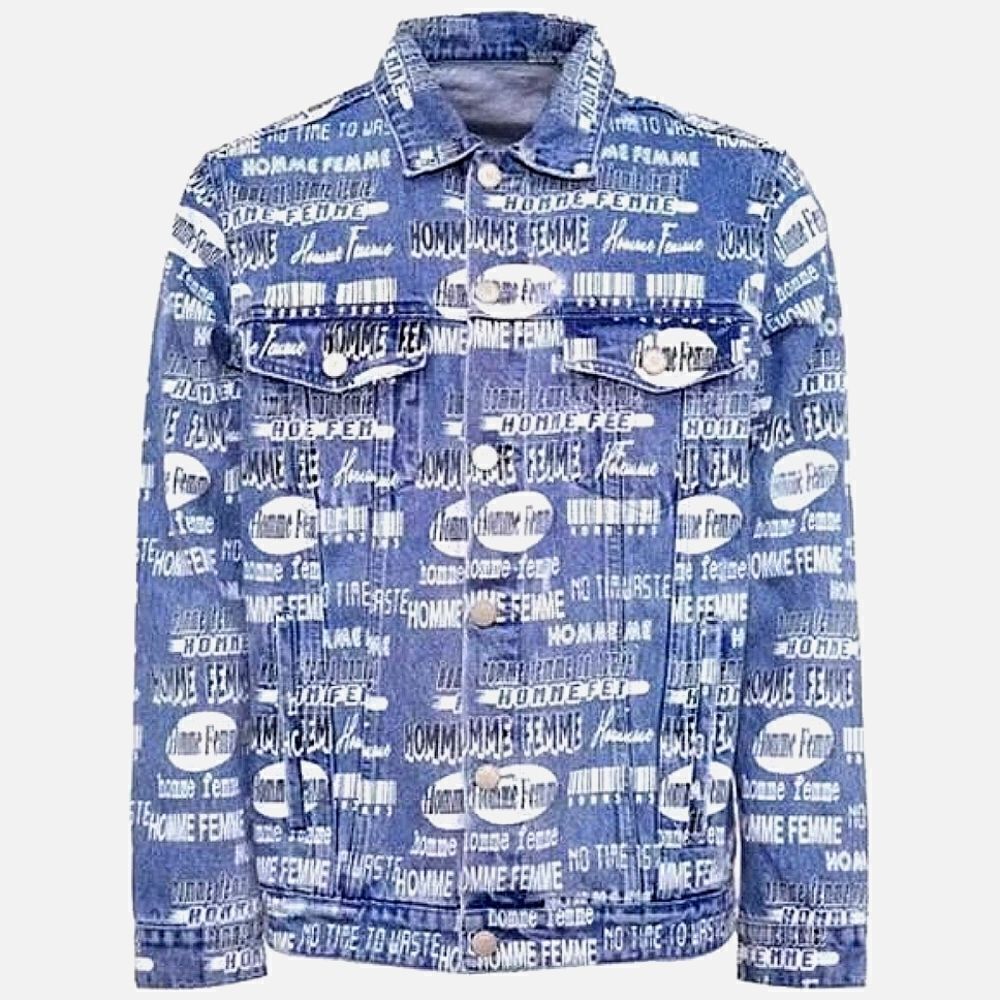 Homme + Femme Men's Blue Long Sleeve All Over Logo Print Denim Jacket 2XL